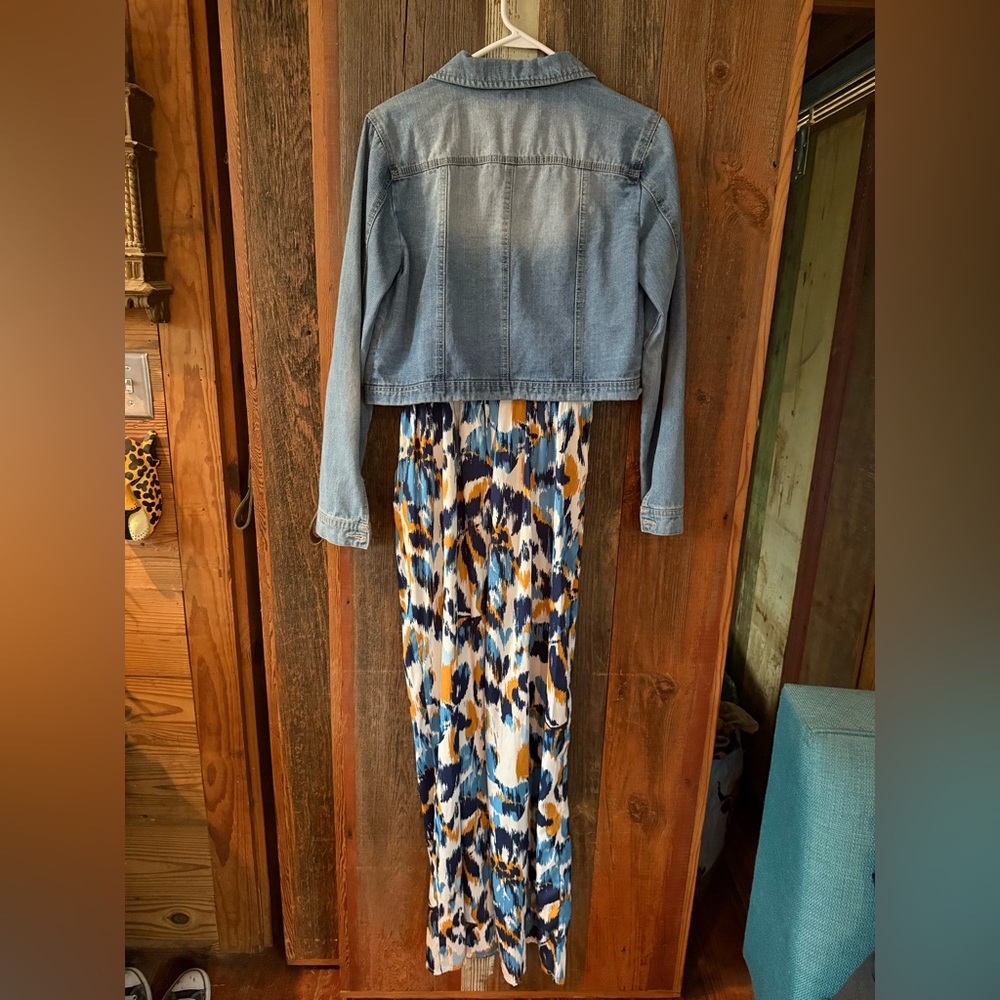 Cream & Blue jumpsuit with Jean Jacket set size Large - Picture 2 of 10